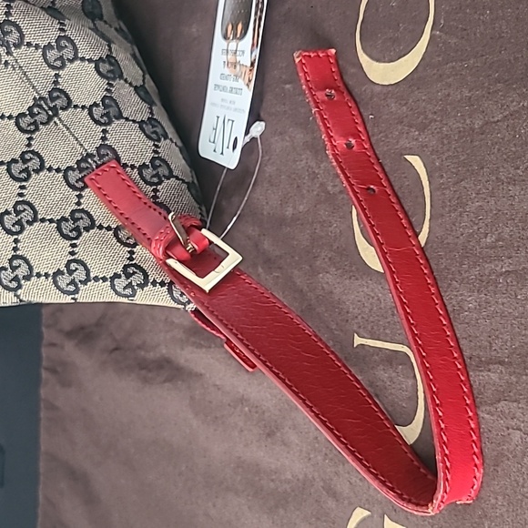 GUCCI VINTAGE ULTRA RARE 1990’S GG CANVAS THREE WAY CONVERTIBLE BAG NAVY/RED/TAN - Picture 15 of 17